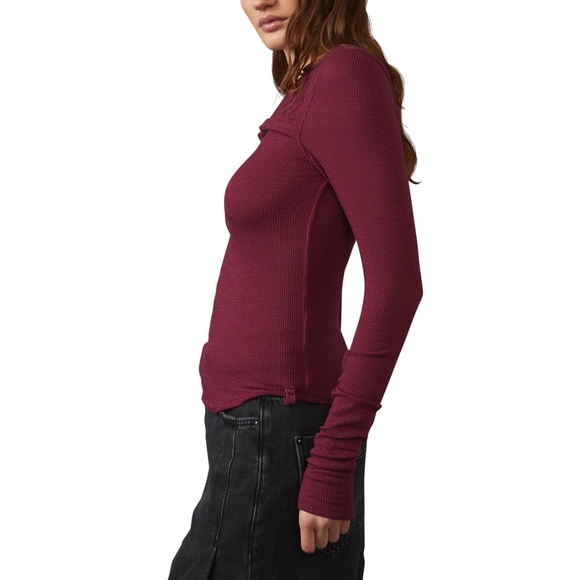 Free People We The Free Addie Layering Lomg Sleeve Ribbed Shirt Top XL in Wine - Picture 7 of 11